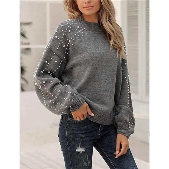 Chunky Sweater Crewneck Knit Lantern Sleeve Oversized Pullover Sweater For Women