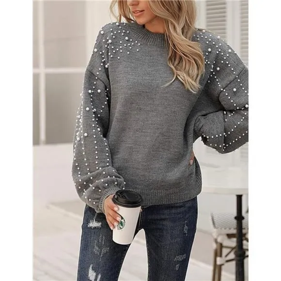 Chunky Sweater Crewneck Knit Lantern Sleeve Oversized Pullover Sweater For Women