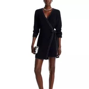 Cinq à Sept Chelsea Contrast Stitch Flattering Wrap Mini Little Black Dress 14