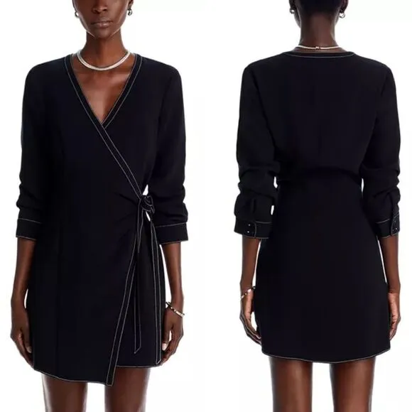 Cinq à Sept Chelsea Contrast Stitch Flattering Wrap Mini Little Black Dress 14