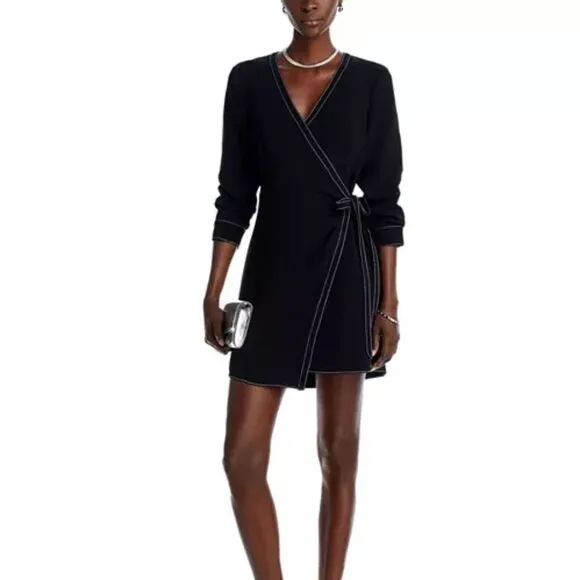 Cinq à Sept Chelsea Contrast Stitch Flattering Wrap Mini Little Black Dress 14
