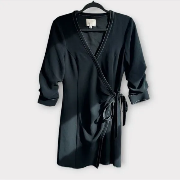 Cinq à Sept Chelsea Contrast Stitch Flattering Wrap Mini Little Black Dress 14