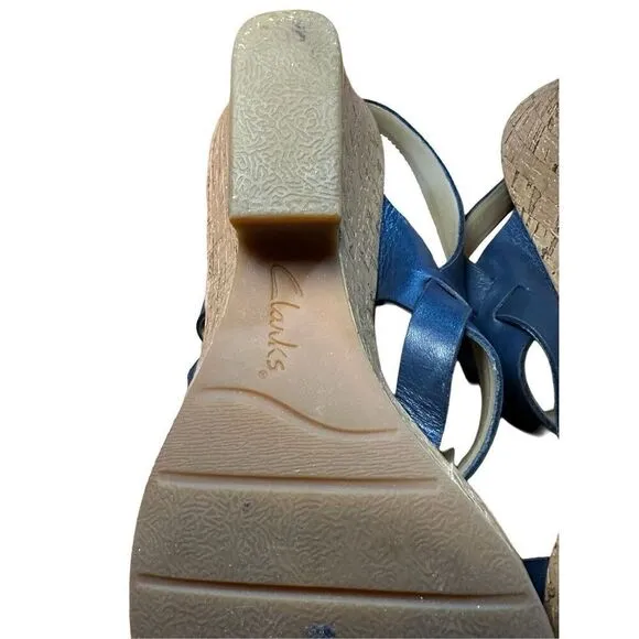 CLARKS Womens Size 10 Blue Cork Wedge Platform Leather Sandals Shoes Comfortable