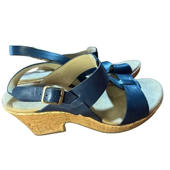 CLARKS Womens Size 10 Blue Cork Wedge Platform Leather Sandals Shoes Comfortable