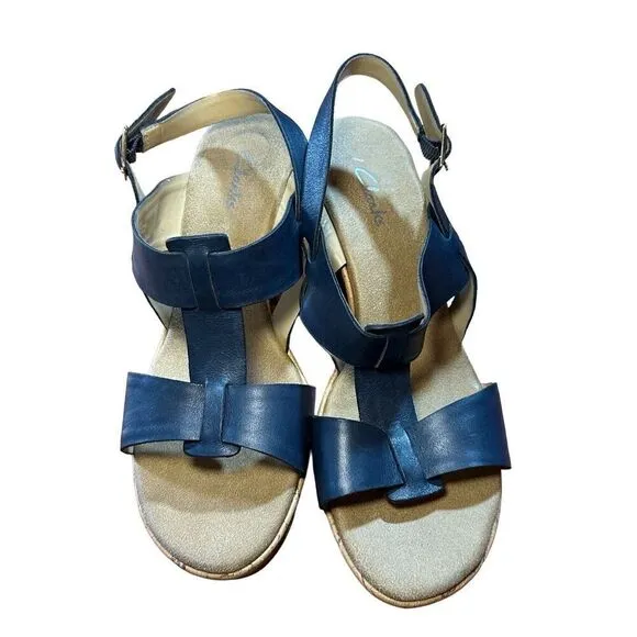 CLARKS Womens Size 10 Blue Cork Wedge Platform Leather Sandals Shoes Comfortable