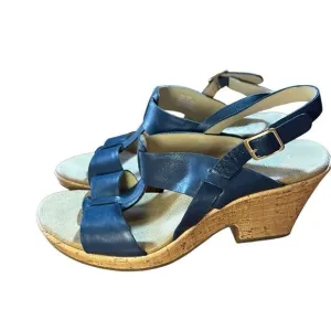 CLARKS Womens Size 10 Blue Cork Wedge Platform Leather Sandals Shoes Comfortable
