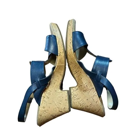 CLARKS Womens Size 10 Blue Cork Wedge Platform Leather Sandals Shoes Comfortable