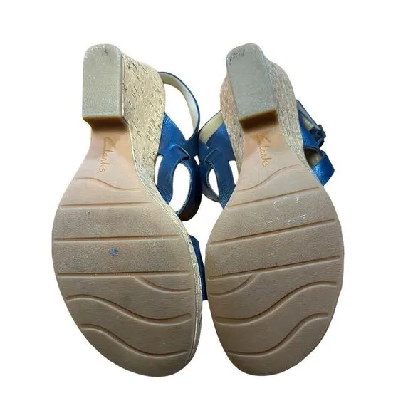 CLARKS Womens Size 10 Blue Cork Wedge Platform Leather Sandals Shoes Comfortable