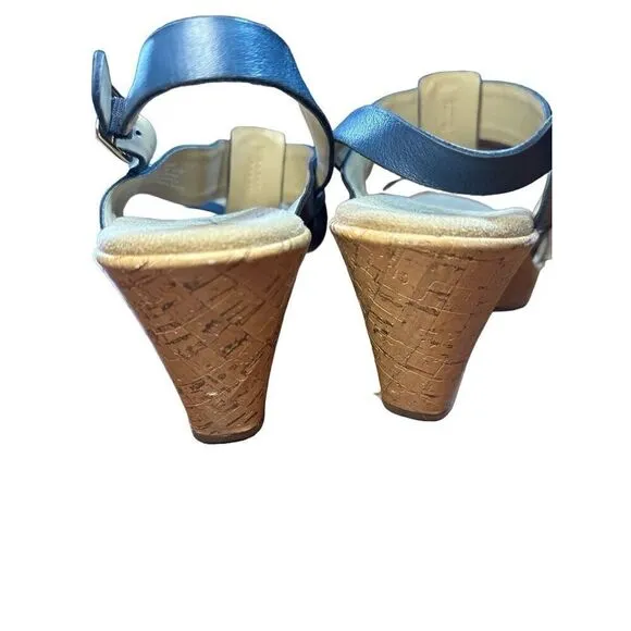 CLARKS Womens Size 10 Blue Cork Wedge Platform Leather Sandals Shoes Comfortable