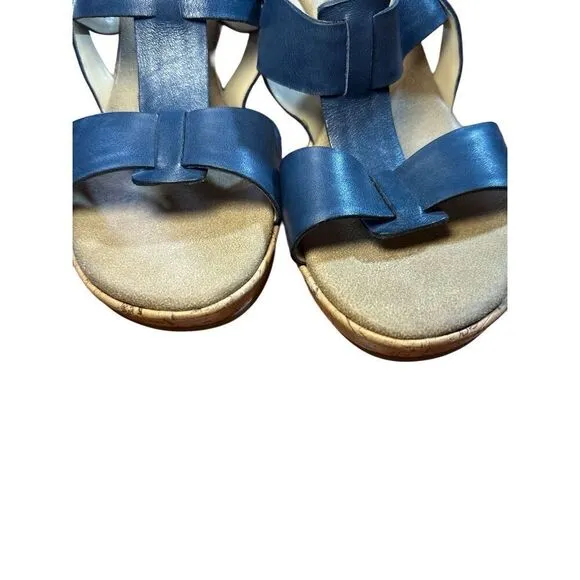 CLARKS Womens Size 10 Blue Cork Wedge Platform Leather Sandals Shoes Comfortable