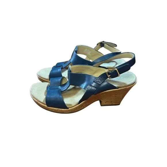 CLARKS Womens Size 10 Blue Cork Wedge Platform Leather Sandals Shoes Comfortable