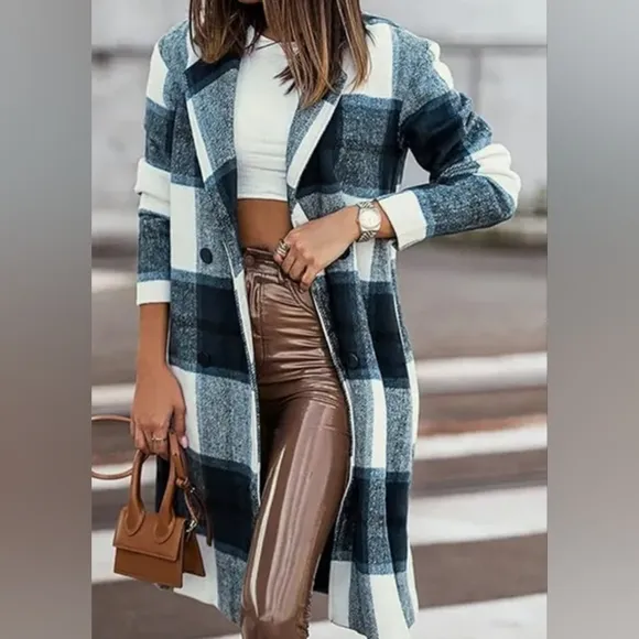 Classic Checkmate Lapel Coat - Blue