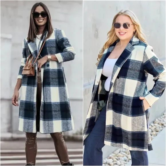 Classic Checkmate Lapel Coat - Blue