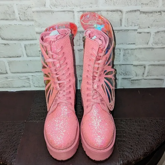 Club Exx Womens Metamorphic Pink Glitter Butterfly Boots Womens Size 10