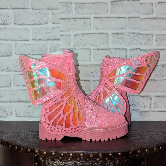 Club Exx Womens Metamorphic Pink Glitter Butterfly Boots Womens Size 10