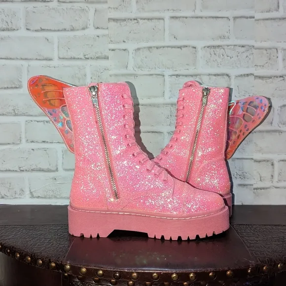 Club Exx Womens Metamorphic Pink Glitter Butterfly Boots Womens Size 10