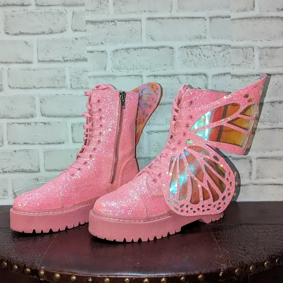 Club Exx Womens Metamorphic Pink Glitter Butterfly Boots Womens Size 10