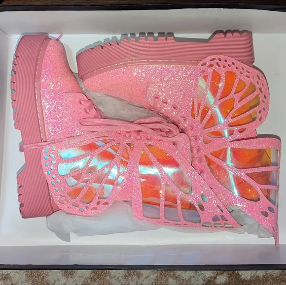 Club Exx Womens Metamorphic Pink Glitter Butterfly Boots Womens Size 10