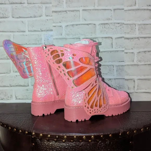 Club Exx Womens Metamorphic Pink Glitter Butterfly Boots Womens Size 10