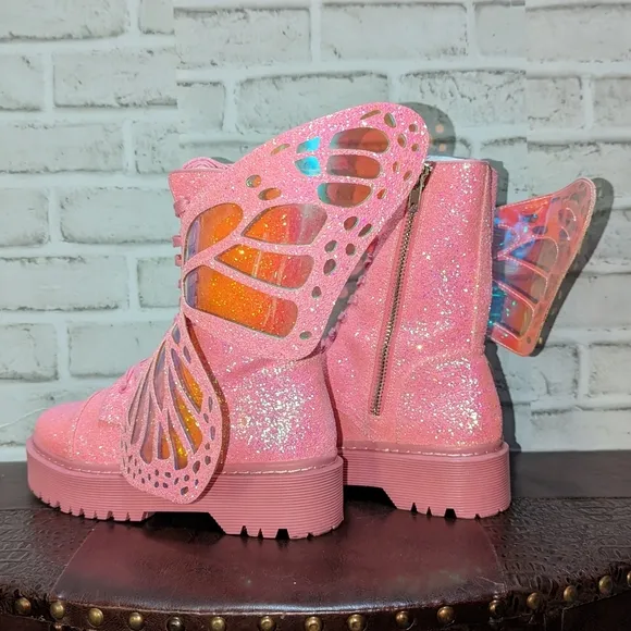 Club Exx Womens Metamorphic Pink Glitter Butterfly Boots Womens Size 10