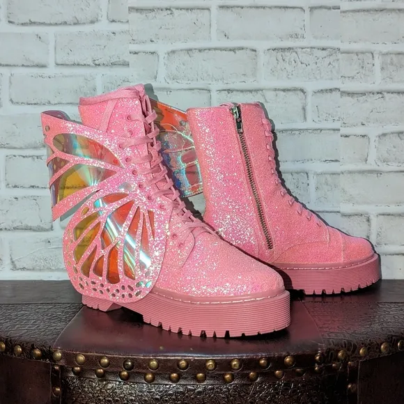 Club Exx Womens Metamorphic Pink Glitter Butterfly Boots Womens Size 10