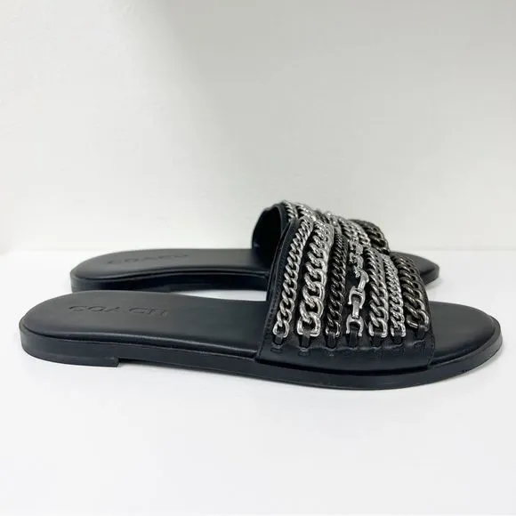 Coach Hayden Chain Mixed Metal Sandals 7.5 Black Slides