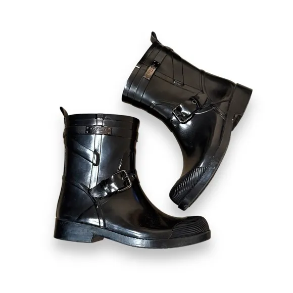 Coach Lester Black‎ Buckle Strap Rubber Short Rain Booties Sz 5 B