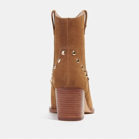 COACH | NWT Paline Bootie Camel Tan Suede Gold Studded Low Boots - Women’s 10
