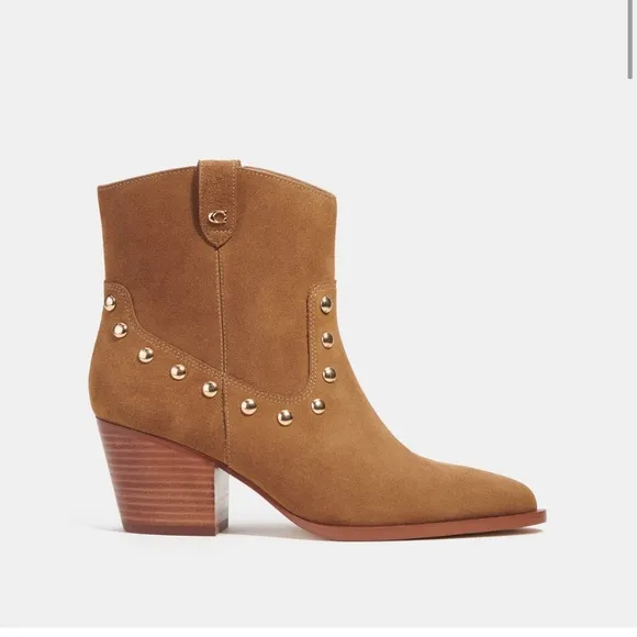 COACH | NWT Paline Bootie Camel Tan Suede Gold Studded Low Boots - Women’s 10