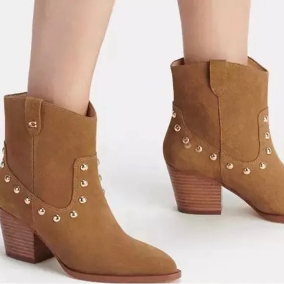 COACH | NWT Paline Bootie Camel Tan Suede Gold Studded Low Boots - Women’s 10