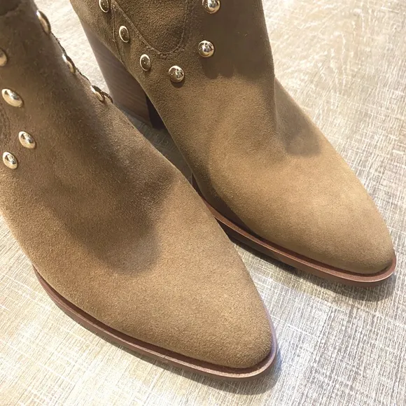 COACH | NWT Paline Bootie Camel Tan Suede Gold Studded Low Boots - Women’s 10