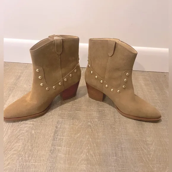 COACH | NWT Paline Bootie Camel Tan Suede Gold Studded Low Boots - Women’s 10