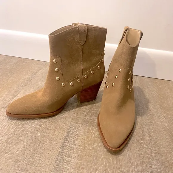 COACH | NWT Paline Bootie Camel Tan Suede Gold Studded Low Boots - Women’s 10