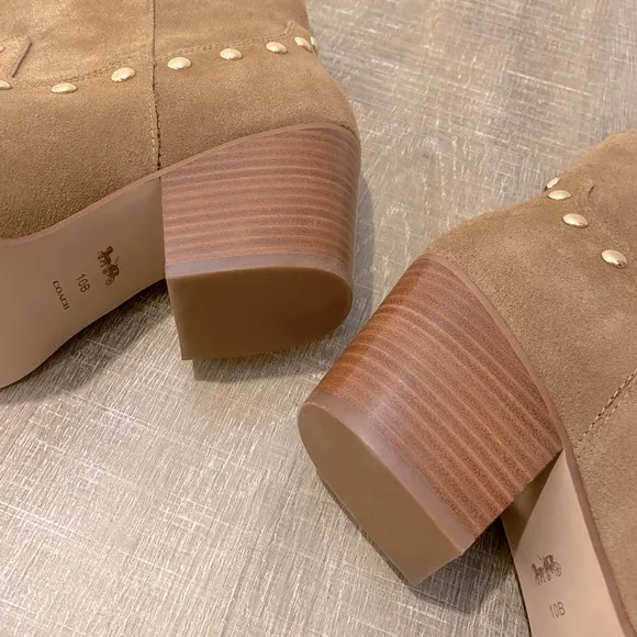 COACH | NWT Paline Bootie Camel Tan Suede Gold Studded Low Boots - Women’s 10