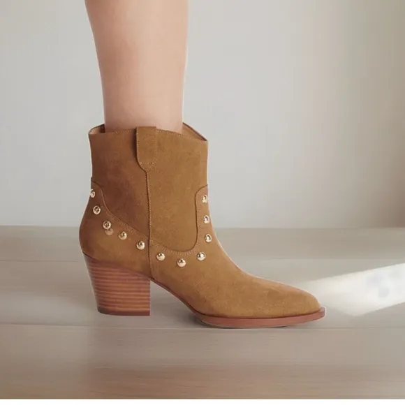COACH | NWT Paline Bootie Camel Tan Suede Gold Studded Low Boots - Women’s 10
