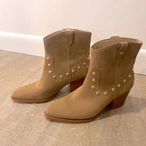 COACH | NWT Paline Bootie Camel Tan Suede Gold Studded Low Boots - Women’s 10