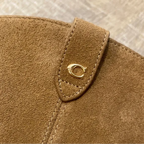 COACH | NWT Paline Bootie Camel Tan Suede Gold Studded Low Boots - Women’s 10