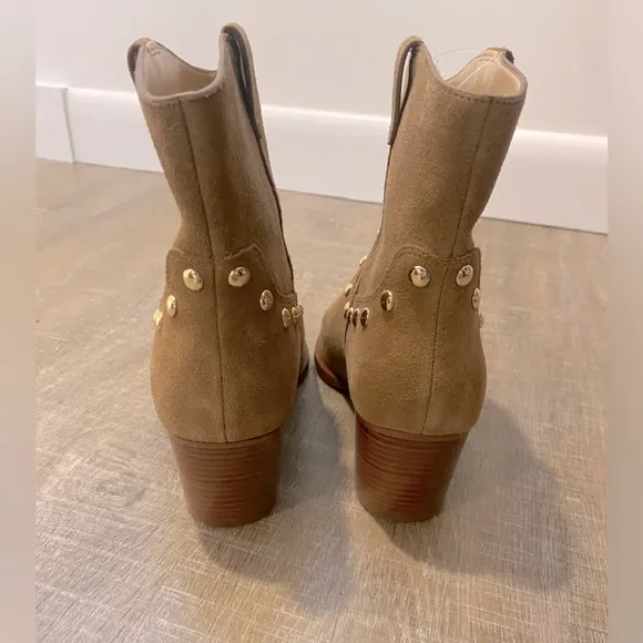 COACH | NWT Paline Bootie Camel Tan Suede Gold Studded Low Boots - Women’s 10