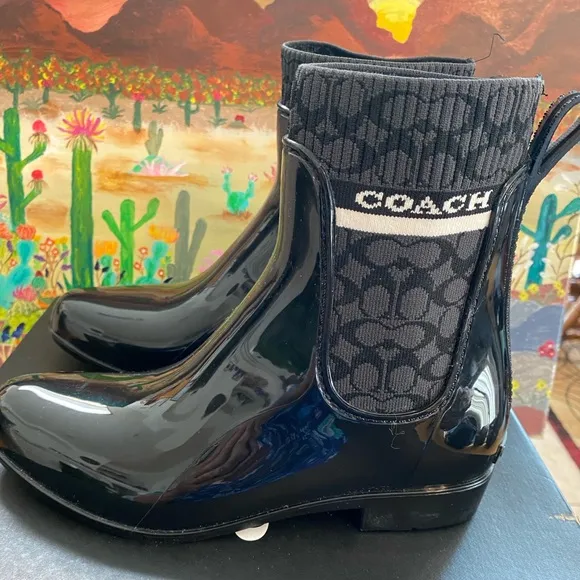 COACH Rivington Rubber Black Rain Boots, Women’s Size 8B