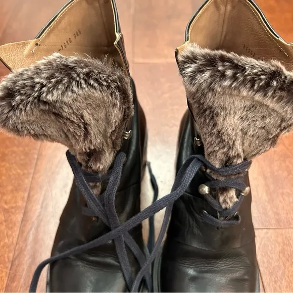 Coclico Mack Black Leather Boots, Faux Fur Tongue, Hook &amp; Eye Closure, Size 6.5