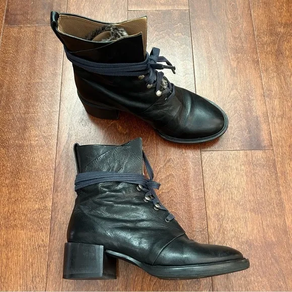 Coclico Mack Black Leather Boots, Faux Fur Tongue, Hook &amp; Eye Closure, Size 6.5