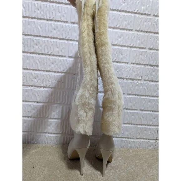 Colin Stuart Women's Cream Faux Fur Platform Stiletto Heeled Boot Size 6