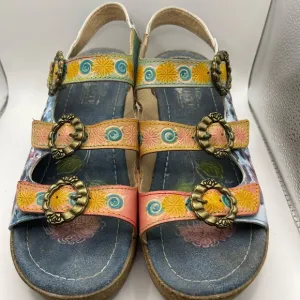 Colorful Floral Buckle Sandals Cork Fun Boho Womens 9 Wedding Guest Comfortable