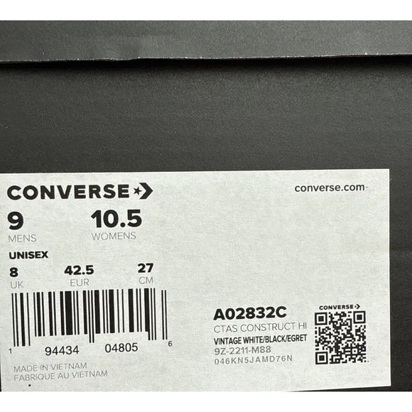 Converse CTAS Construct High Shoes Women's size 10.5 Men's 9 Skate White A02832C