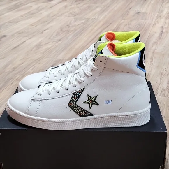 Converse Pro Leather Hi Peace Unity Mens Size 8.5 Vintage White Leather Shoes