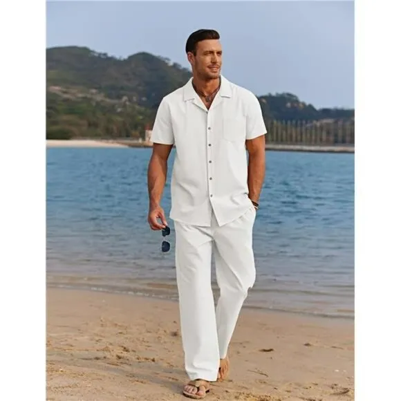 COOFANDY Mens Linen 2 Piece Outfit Beach Shirt Loose Pants Summer Set