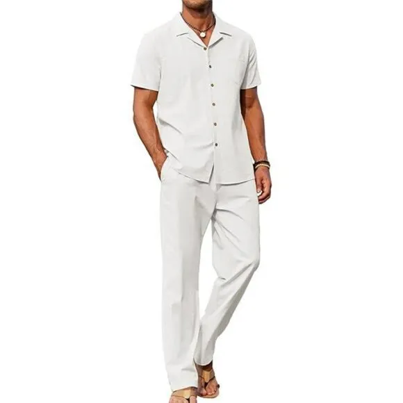 COOFANDY Mens Linen 2 Piece Outfit Beach Shirt Loose Pants Summer Set