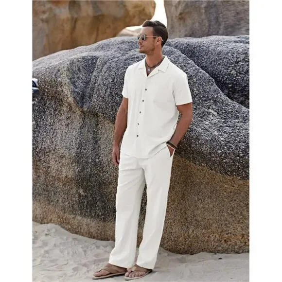 COOFANDY Mens Linen 2 Piece Outfit Beach Shirt Loose Pants Summer Set