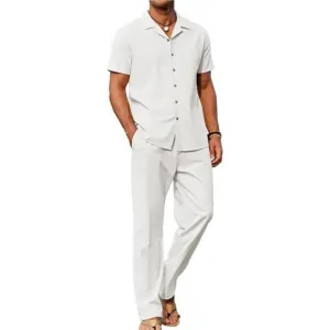 COOFANDY Mens Linen 2 Piece Outfit Beach Shirt Loose Pants Summer Set