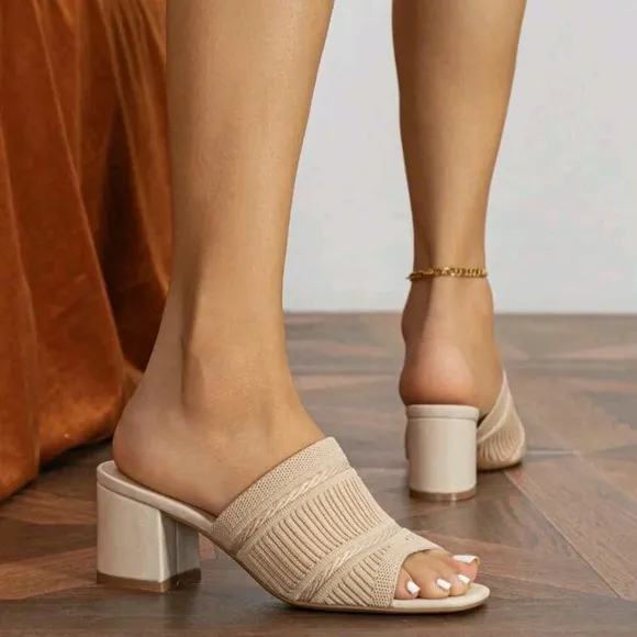 COPY - Women Minimalist Mule Sandals, Fabric Chunky Heeled Elegant Sandals